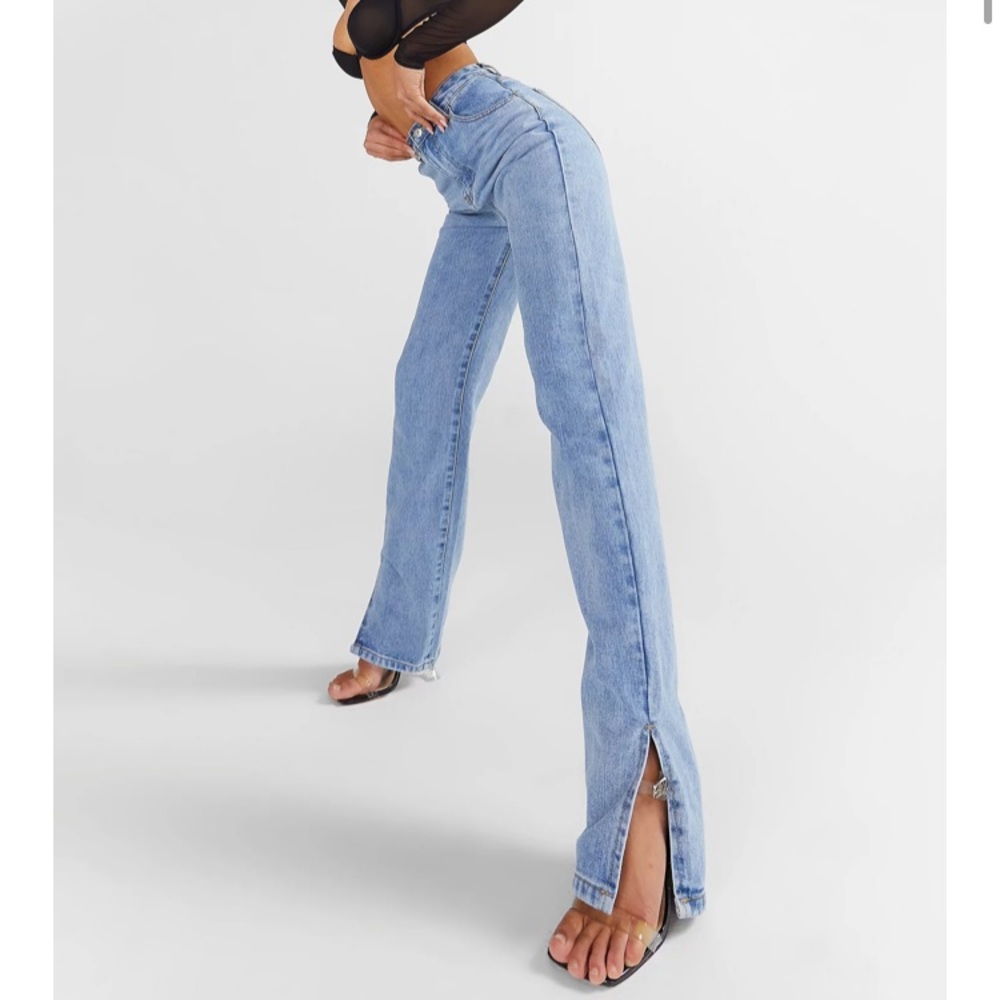 High Rise Split Hem Straight Leg Jeans